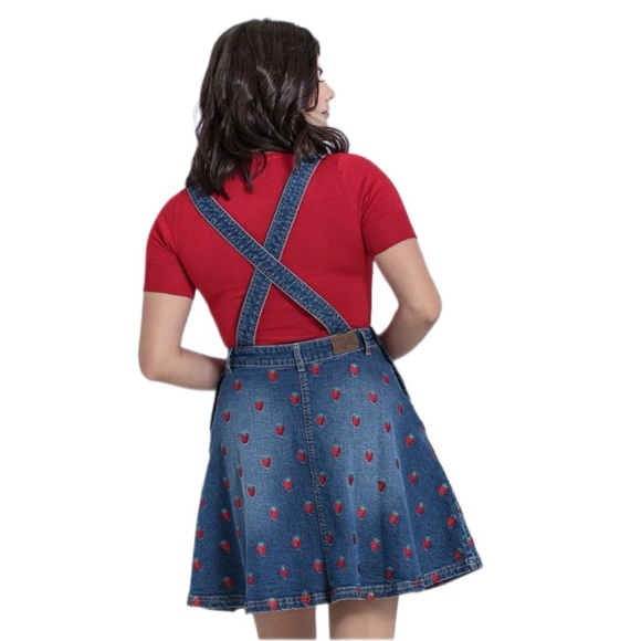 HELL BUNNY Strawberry Denim Pinafore Dress Pinup Novelty Embroidered Size M - Picture 10 of 11